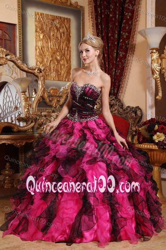 Elegant Black and Red Sweetheart Ruffled Beading Quinces Dresses