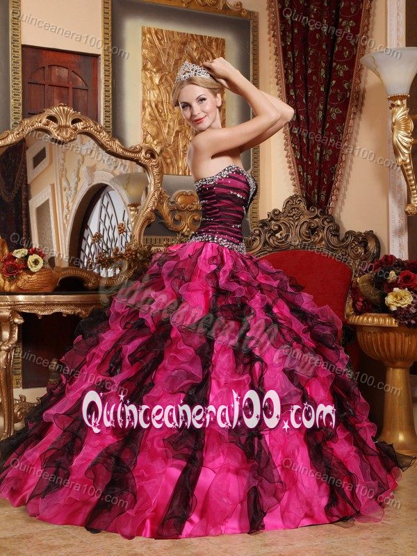 Elegant Black and Red Sweetheart Ruffled Beading Quinces Dresses