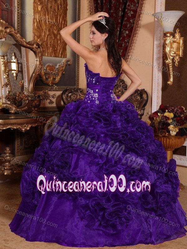 Purple Strapless Beading Appliques Rolling Flowers Dresses for 15