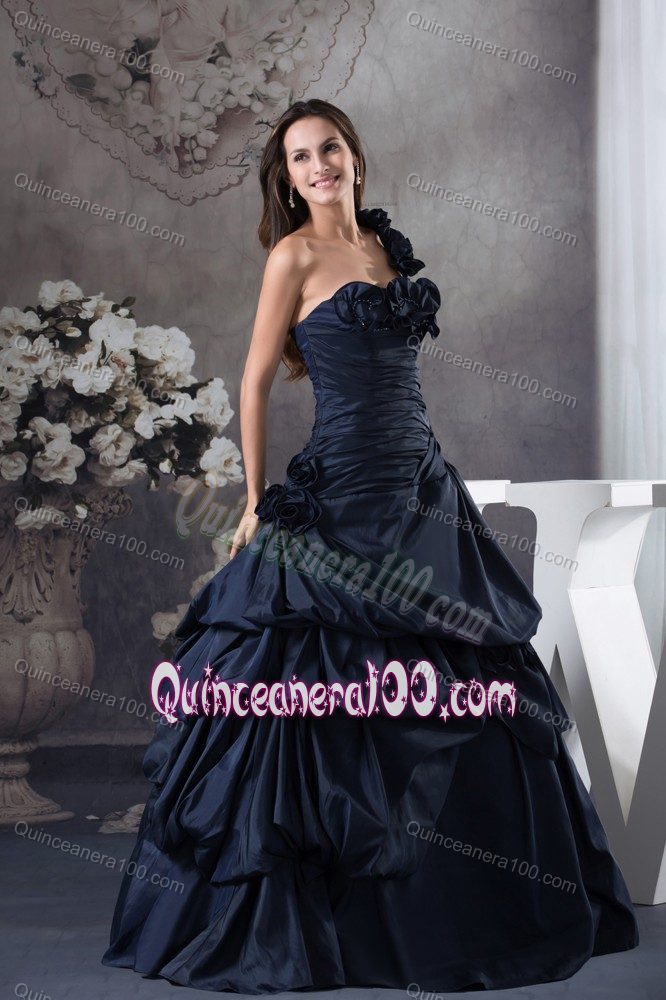 A-line Navy Blue One Shoulder Hand Made Flowers Quince Gowns