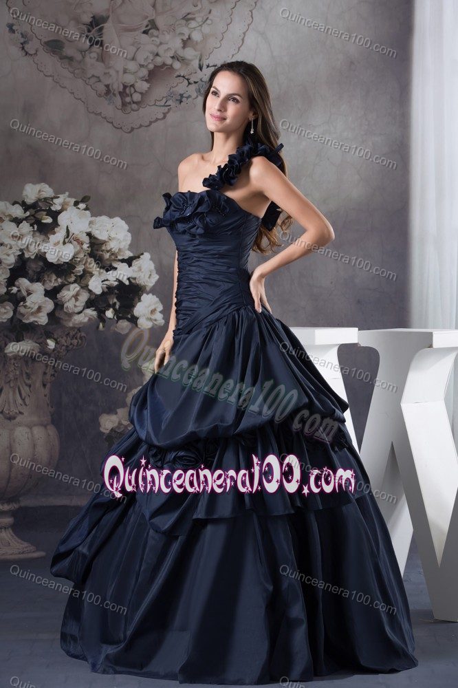 A-line Navy Blue One Shoulder Hand Made Flowers Quince Gowns