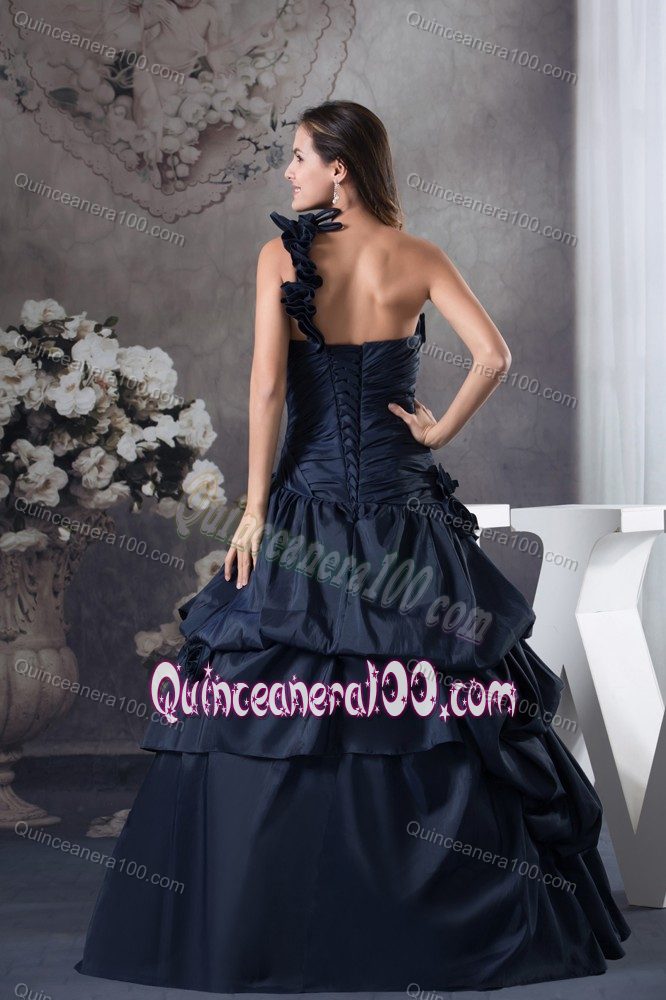 A-line Navy Blue One Shoulder Hand Made Flowers Quince Gowns