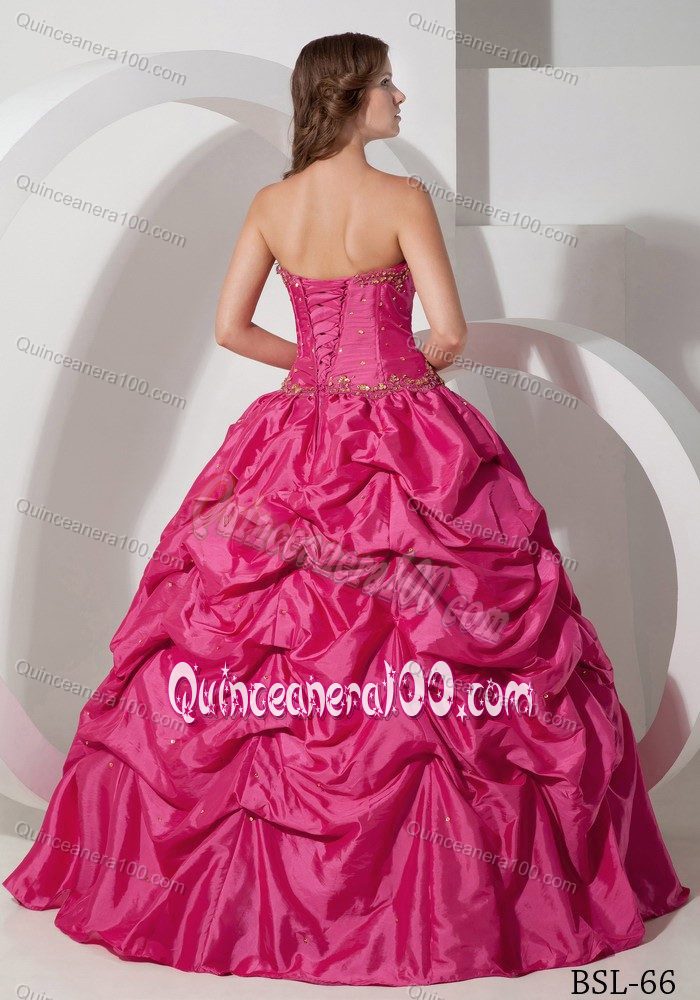 Hot Pink Sweetheart Appliques Beaded Quince Dress with Pick-ups