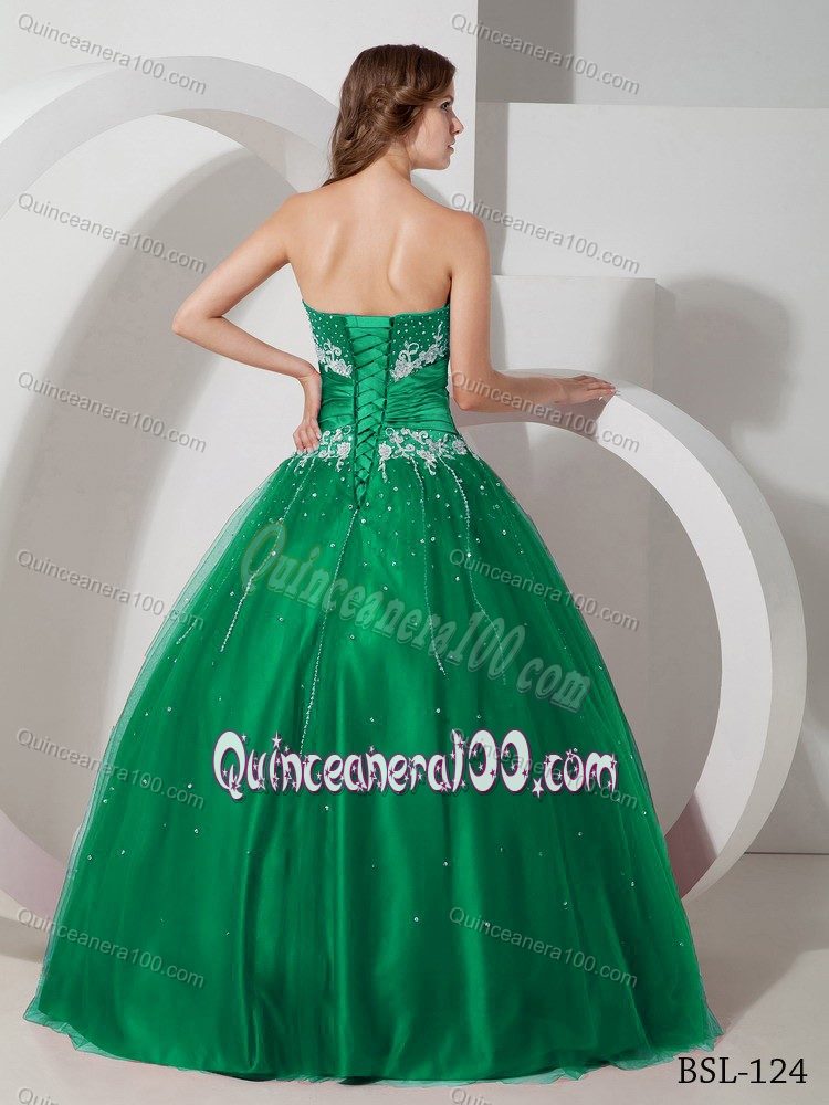 Green Tulle and Taffeta Beaded Sweet Sixteen Dress with Appliques