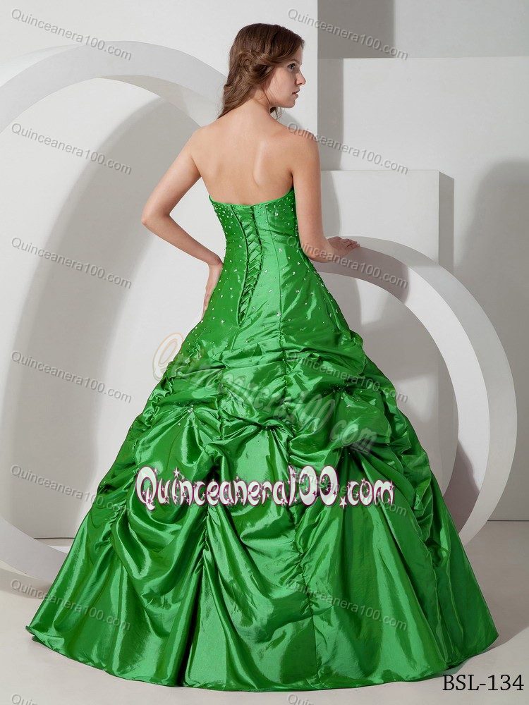 Spring Green Pick-ups Dress for Quince with Beading Floor-Length