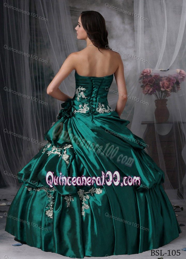 Customize Appliques Ruche Taffeta Sweet 16 Dresses in Dark Green