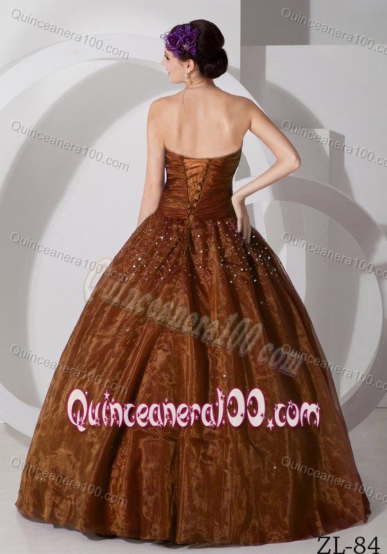 Discount Brown Strapless Ruche Sweet Sixteen Dress with Beading