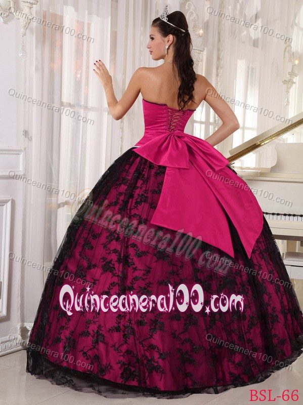 Exquisite Hot Pink Sweetheart Sweet 15 Dresses with Bow in Tulle