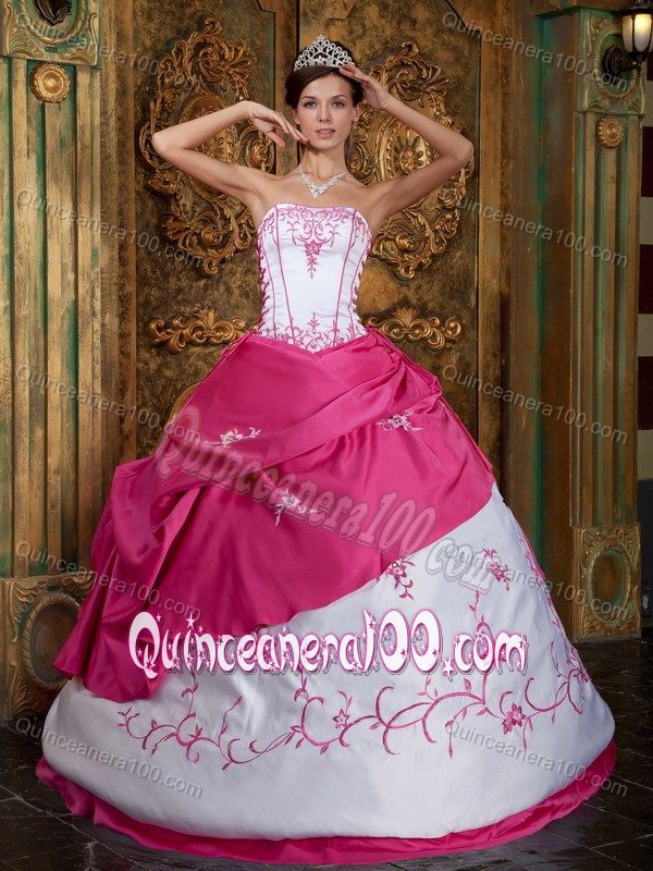 New White and Hot Pink Quinceanera Party Dress with Embroidery