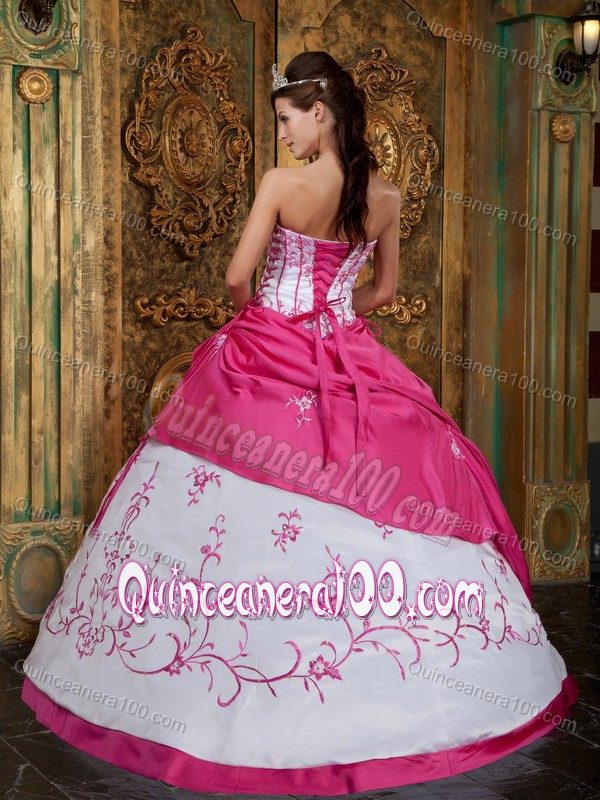 New White and Hot Pink Quinceanera Party Dress with Embroidery