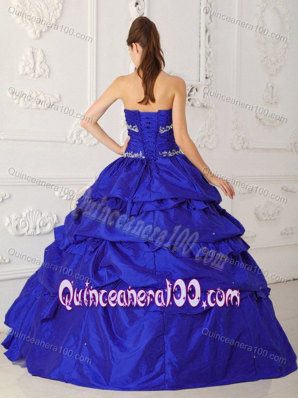 Blue Pick-ups Beading Appliques Quinceanera Gowns on Discount