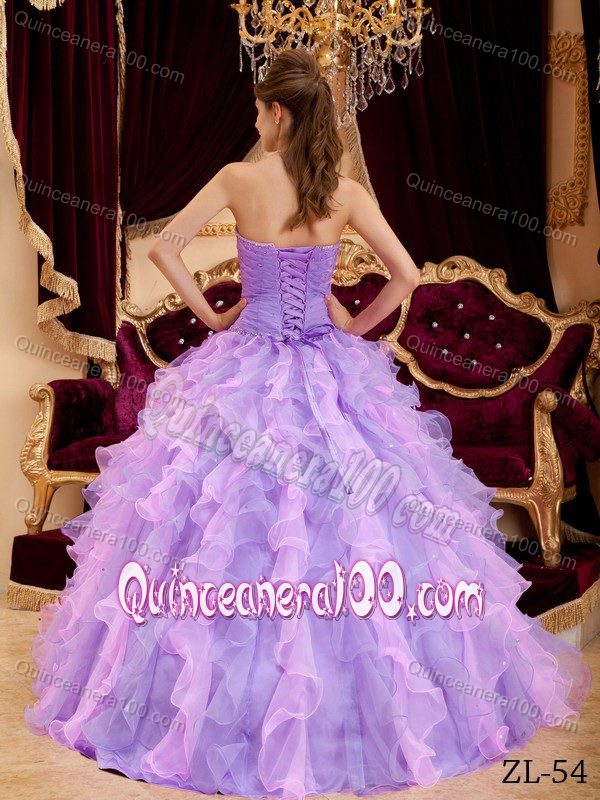 Lilac Beaded Ruche Quinceanera Party Dress with Ruffles 2014