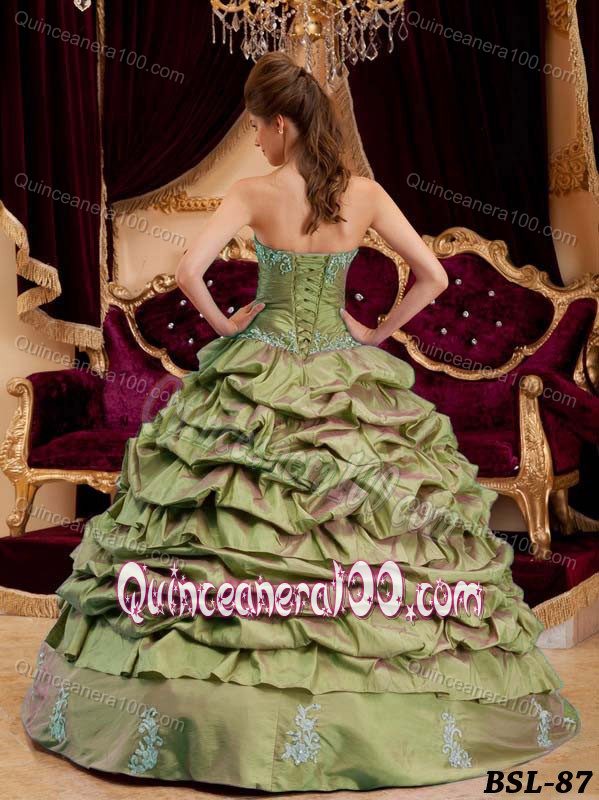 Olive Green Sweetheart Appliques Sweet 16 Dresses with Pick-ups