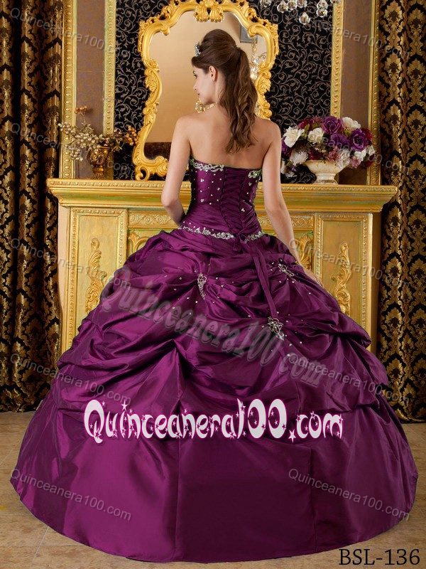 Nice Beaded Appliques Dresses for Quince with Pick-ups in Purple