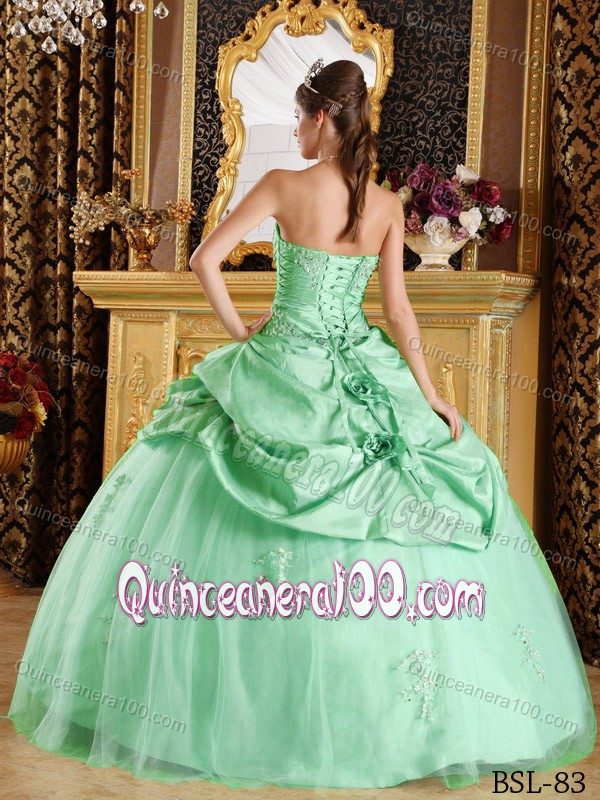 Apple Green Taffeta and Tulle Quince Dress with Ruched Appliques