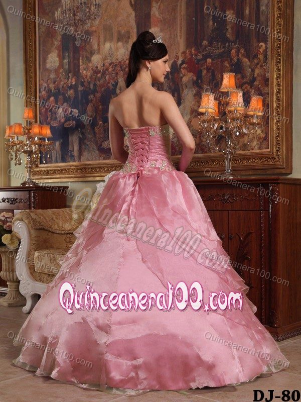 Multi-layer Pink Dress for Quinceanera with Appliques and Ruches