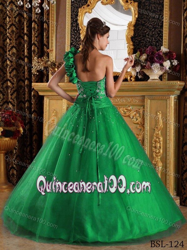 New Green One Shoulder Embroidery Sweet 16 Dress with Beading