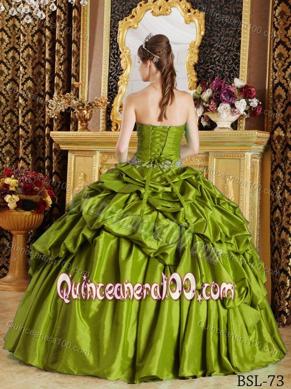 Olive Green Ruche Appliques Dress for Sweet Sixteen with Pick-ups