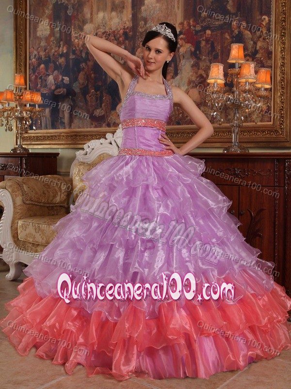 Organza Halter Top Beading Dress for Sweet 16 with Ruffled Layers