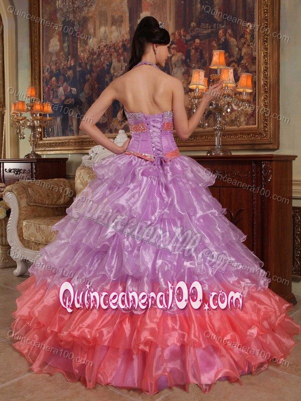 Organza Halter Top Beading Dress for Sweet 16 with Ruffled Layers