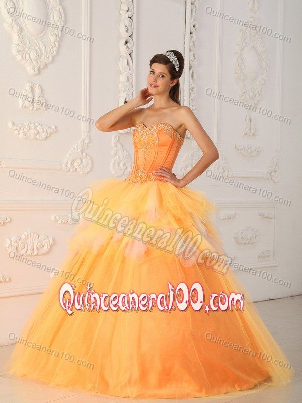 Orange Tulle Sweetheart Quinceanera Dress with Beaded Appliques