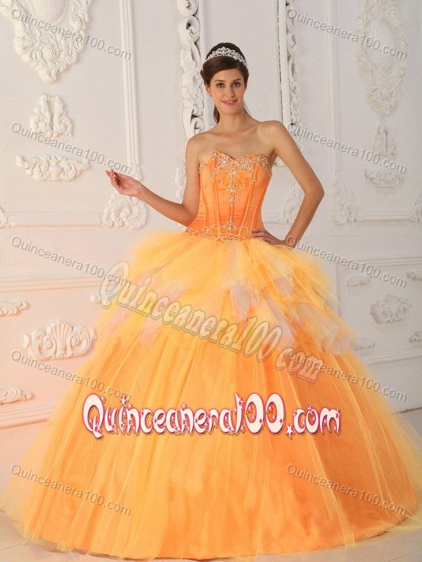 Orange Tulle Sweetheart Quinceanera Dress with Beaded Appliques