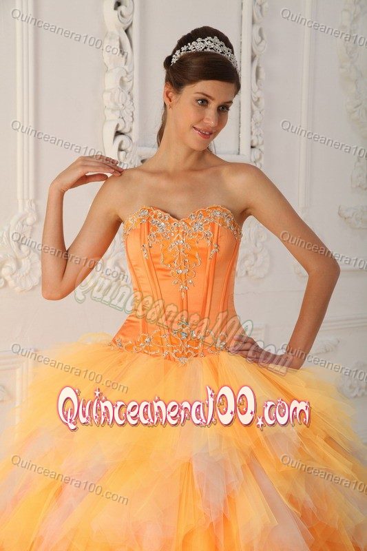 Orange Tulle Sweetheart Quinceanera Dress with Beaded Appliques