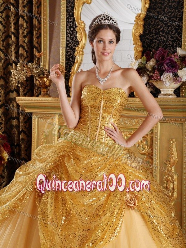 Gold Tulle Sequins Quinceanera Dresses with Hand Made Flowers