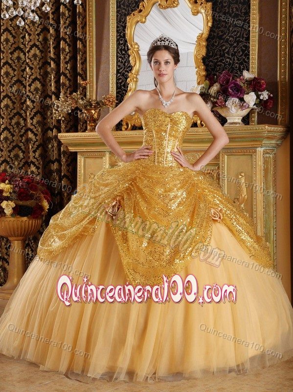 Gold Tulle Sequins Quinceanera Dresses with Hand Made Flowers