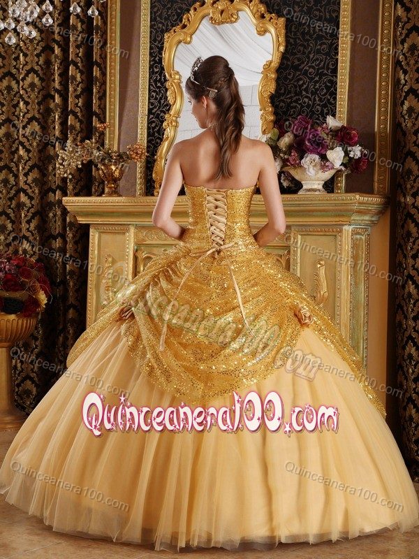 Gold Tulle Sequins Quinceanera Dresses with Hand Made Flowers