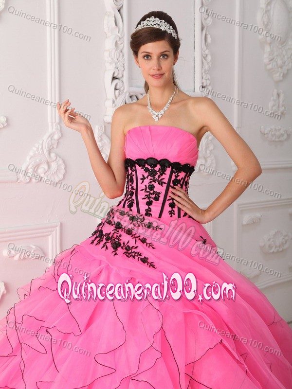 Lovely Strapless Appliques Ruffles Quinceanera Dresses in Hot Pink