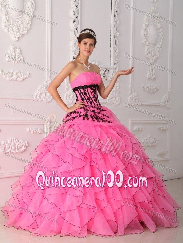 Lovely Strapless Appliques Ruffles Quinceanera Dresses in Hot Pink