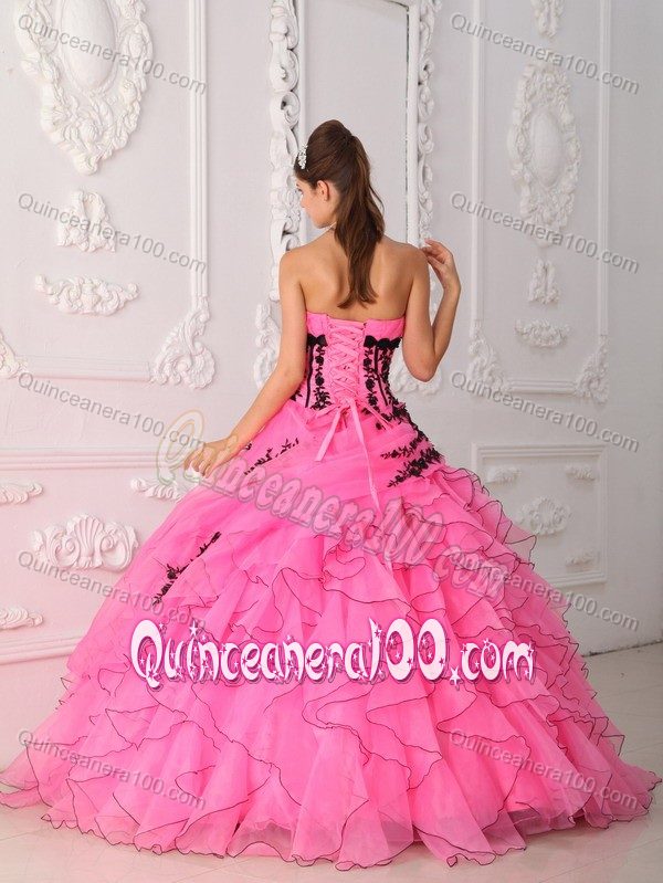 Lovely Strapless Appliques Ruffles Quinceanera Dresses in Hot Pink