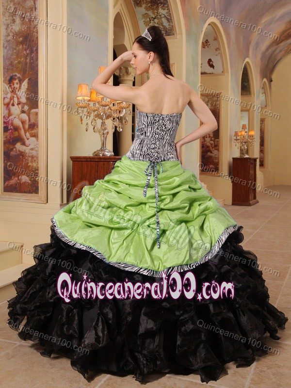 Strapless Zebra Printed Sweet 16 Dress in Yellow Green and Black