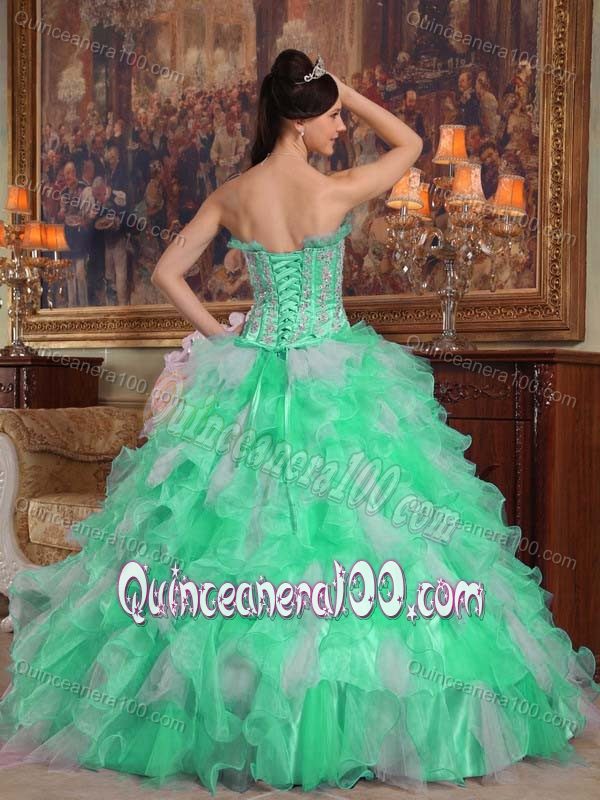 Apple Green Strapless Hand Made Flowers Ruffled Dress for Quince