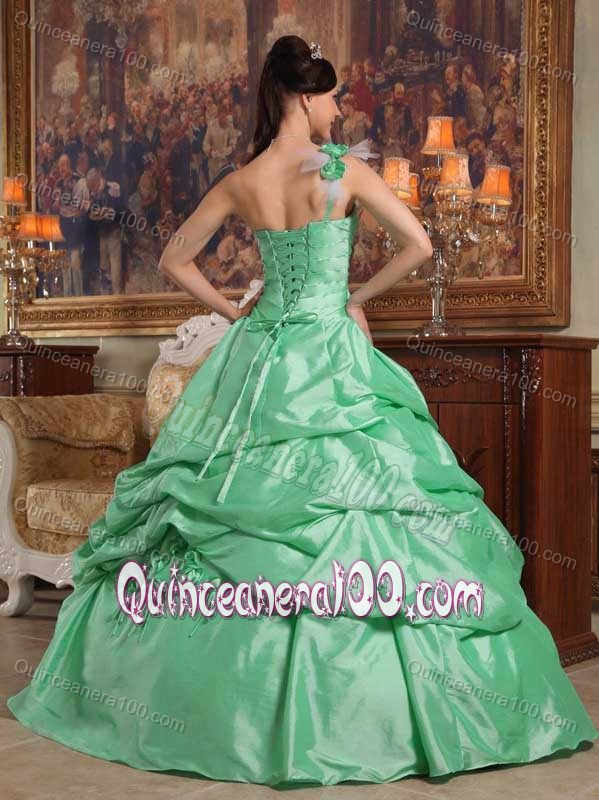 Apple Green one Floral Shoulder Ruches and Pick-ups Quince Dress