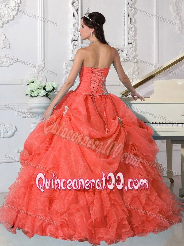 Watermelon Pink Strapless Pick-ups Ruffles Beading Dress for 16