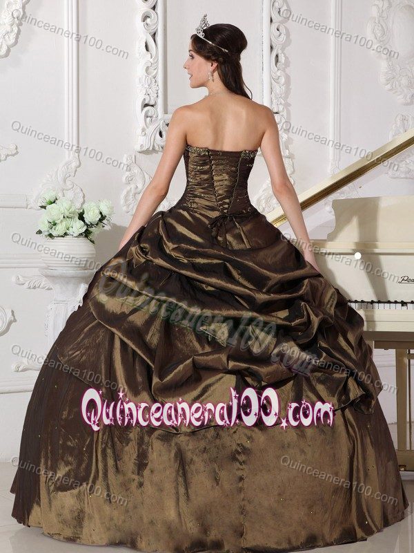 Unique Brown Strapless Ruched Bust Pick-ups Dress for Sweet 16