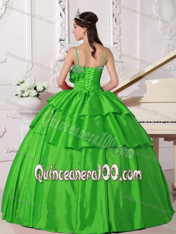 Spring Green Spaghetti Straps Beading and Pleated Dress for Quince