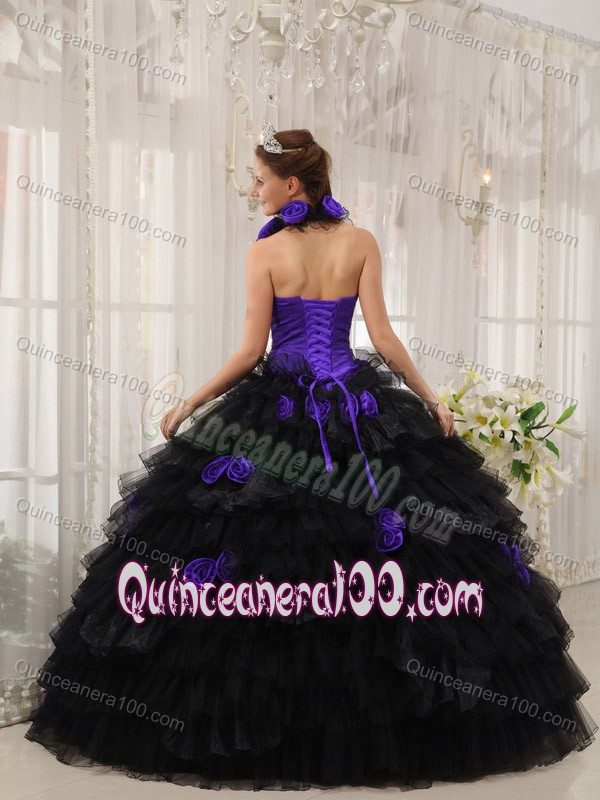 Black and Purple Halter Top 3D Flowers Tiered Sweet 15 Dresses