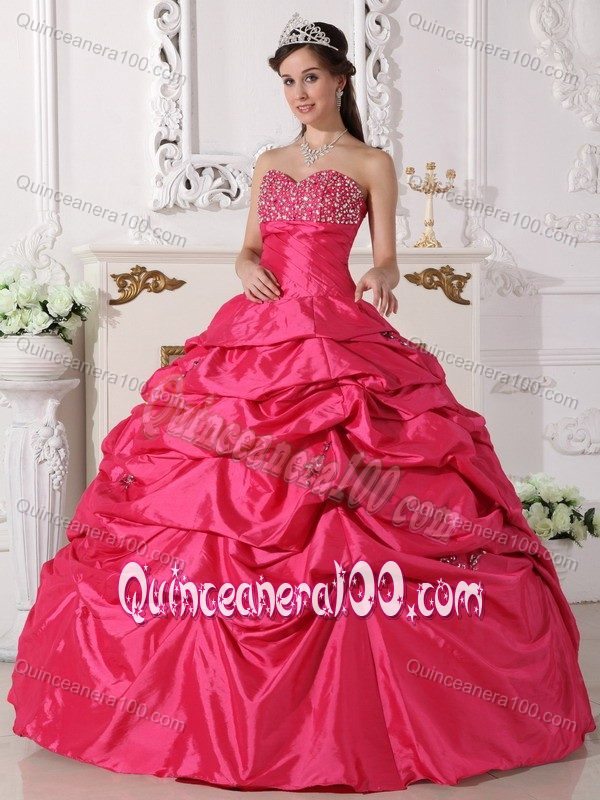 Popular Beading Coral Red Pick-ups Lace up Back Quince Dresses