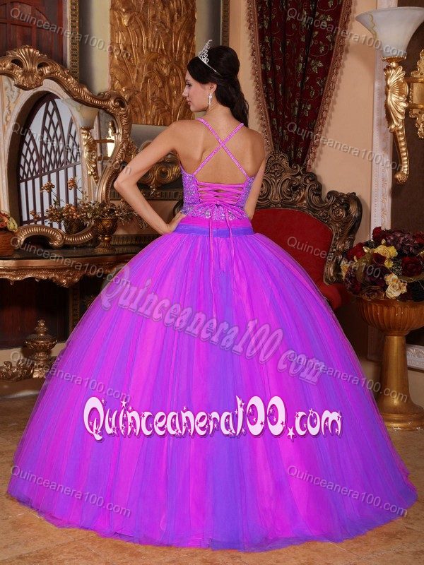 Taffeta and Tulle Beading Waist V-neck Ball Gown Dress for Quince