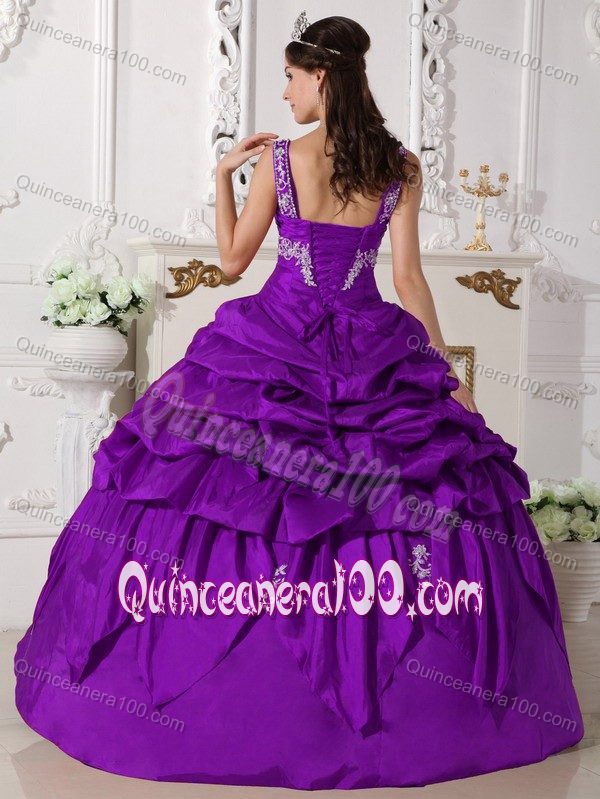 Purple Beading Ball Gown Pick-ups Dress for Quince with Straps