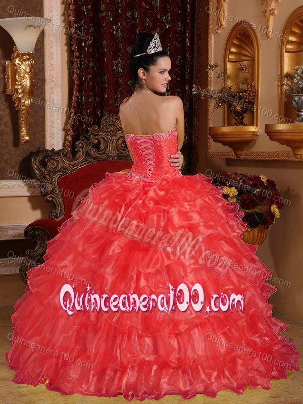 Coral Red Strapless Beading Ruched Bust Ruffled Quinceanera Dresses