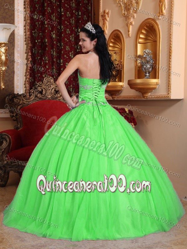 Spring Green Strapless Beaded Tulle and Taffeta Quinceanera Dresses