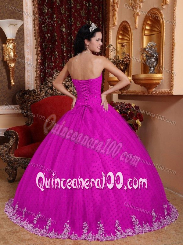 Hot Pink Strapless Beading Appliqued Quince Gowns with Lace Hem