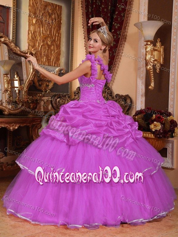 Hot Pink one Shoulder Pick-ups Beaded and Tiered Dress for Quince