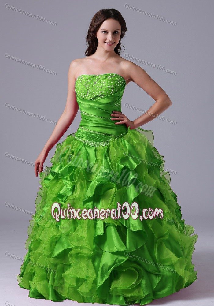 A-line Ruffled Beaded Grass Green Quinceanera Gowns with Capelet