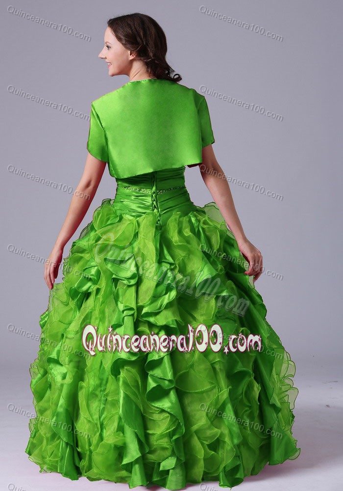 A-line Ruffled Beaded Grass Green Quinceanera Gowns with Capelet