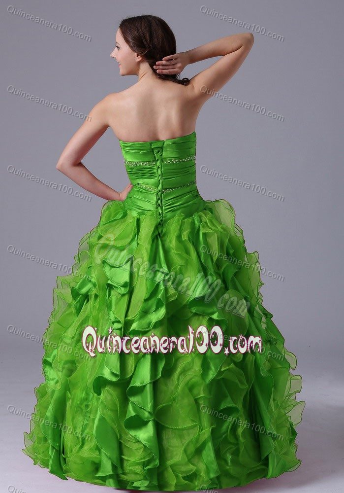 A-line Ruffled Beaded Grass Green Quinceanera Gowns with Capelet